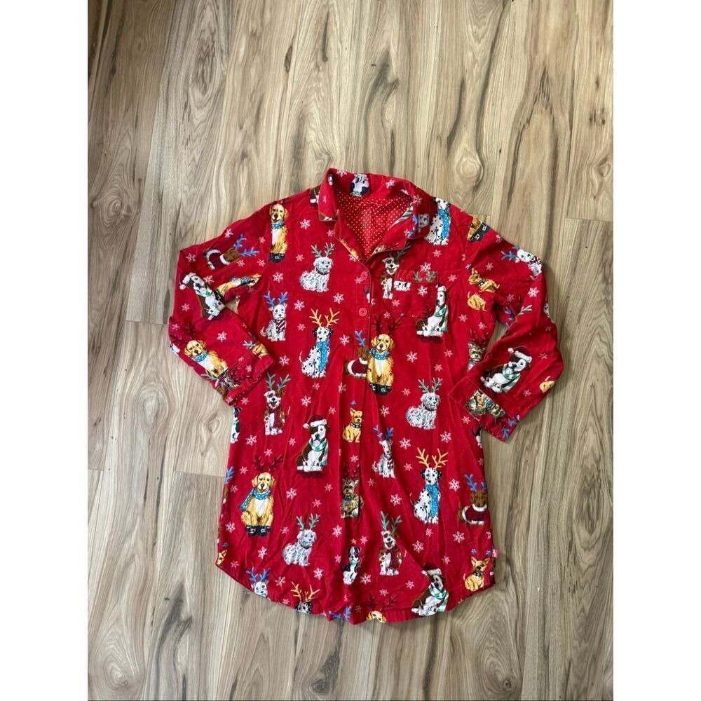 Nick & Nora Womens Multicolor Soft Christmas Dogs Flannel Nightshirt Size Large